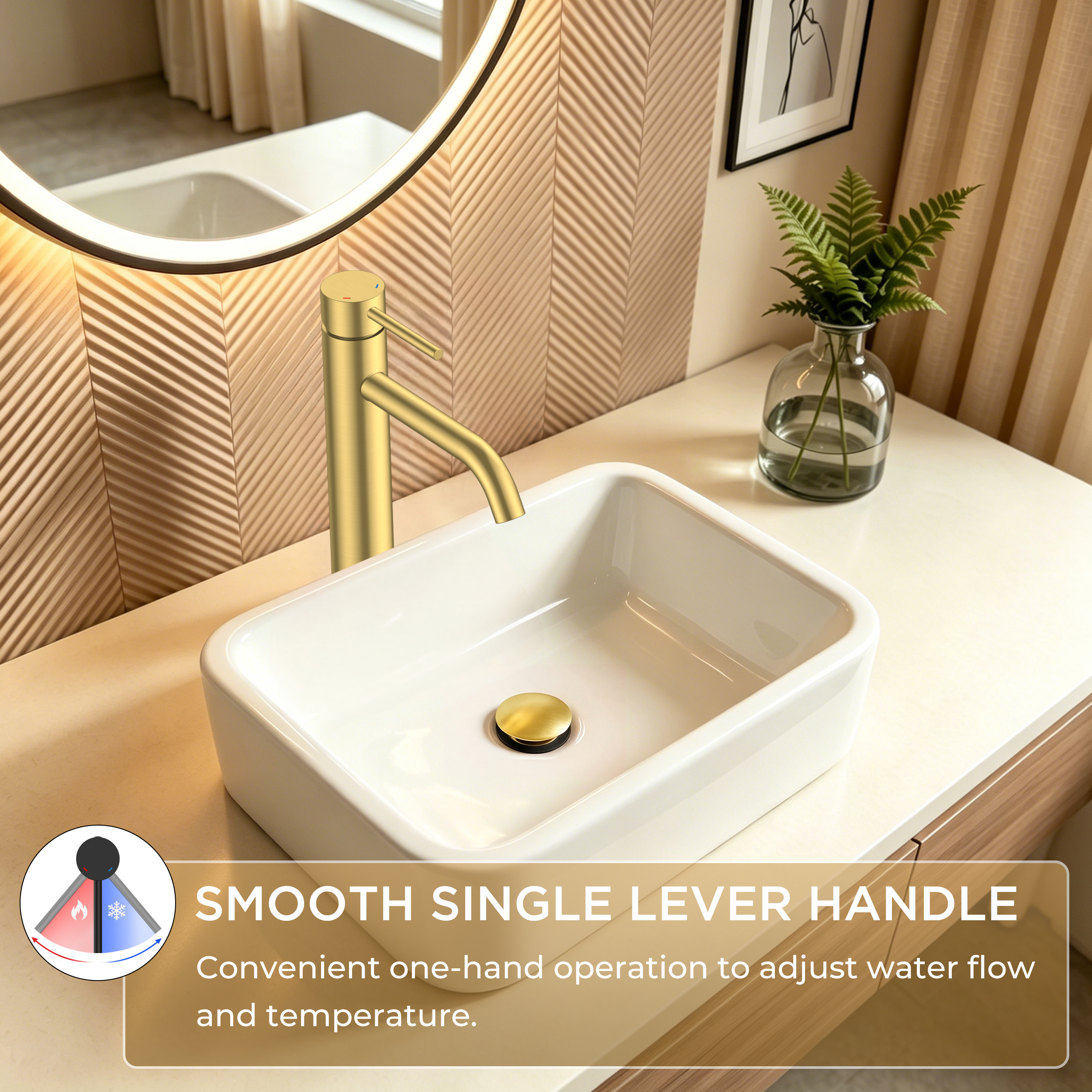 FORIOUS Gold Bathroom Vessel Sink Faucet 1 Hole, Tall Bathroom Faucet Single Handle One Hole with Pop Up Drain and Supply Lines, Basin Bowl Vanity Lavatory Residential/Commercial Use