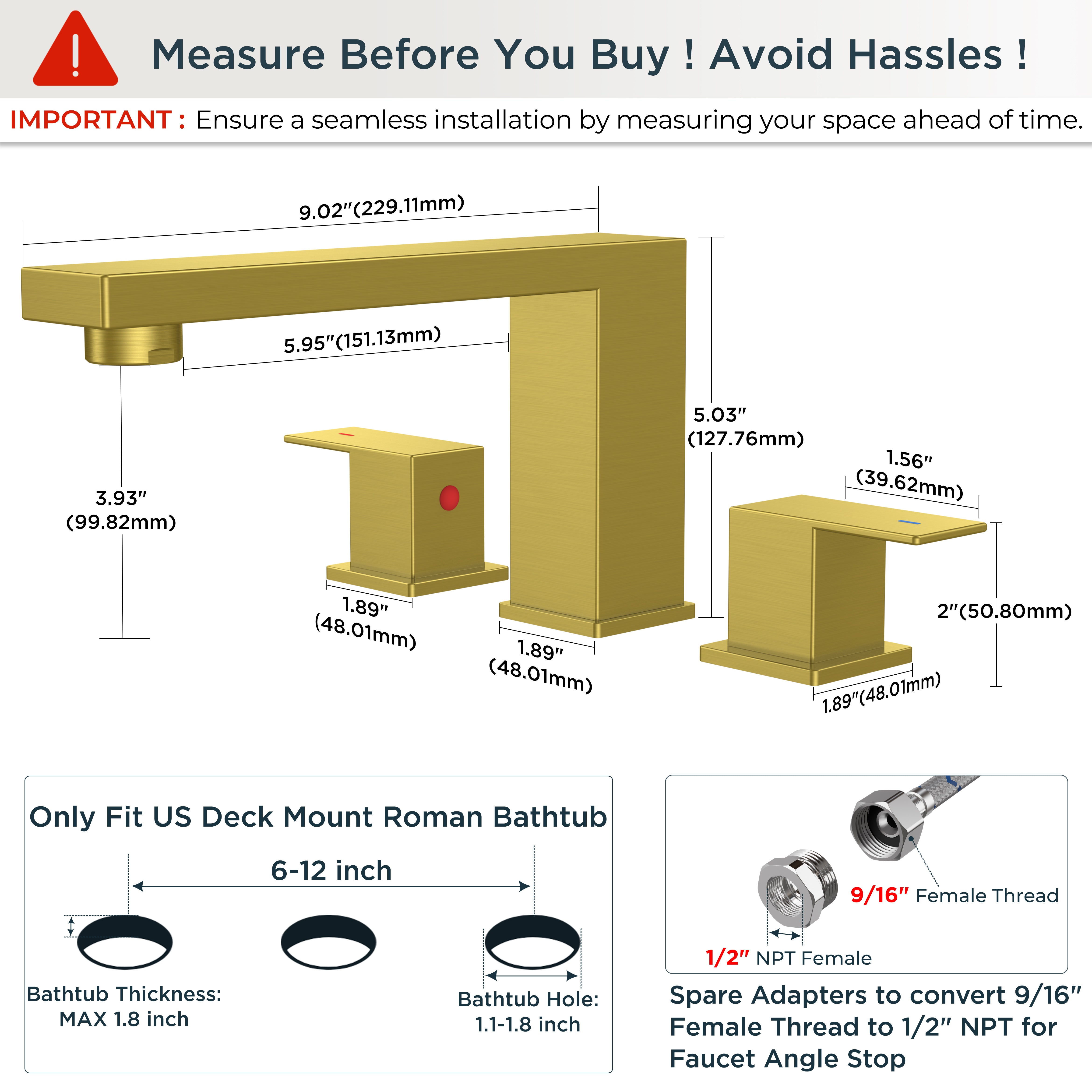 FORIOUS Roman Tub Faucet, Bathtub Faucet 3-Hole Deck Mount, Matte Black