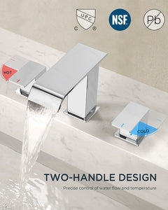 FORIOUS Matte Black Waterfall Bathroom Faucets 3 Hole, 8 Inch Widespread 2 Handles Bathroom Sink Faucet with Pop-up Drain and Flexible Hot and Cold Water Hoses, Suitable for Vanity RV Restroom