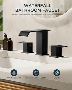 FORIOUS Matte Black Waterfall Bathroom Faucets 3 Hole, 8 Inch Widespread 2 Handles Bathroom Sink Faucet with Pop-up Drain and Flexible Hot and Cold Water Hoses, Suitable for Vanity RV Restroom