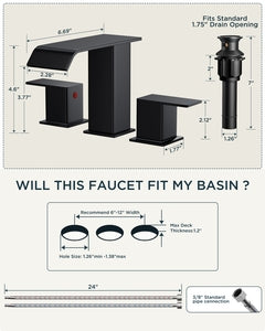 FORIOUS Matte Black Waterfall Bathroom Faucets 3 Hole, 8 Inch Widespread 2 Handles Bathroom Sink Faucet with Pop-up Drain and Flexible Hot and Cold Water Hoses, Suitable for Vanity RV Restroom