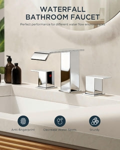 FORIOUS Matte Black Waterfall Bathroom Faucets 3 Hole, 8 Inch Widespread 2 Handles Bathroom Sink Faucet with Pop-up Drain and Flexible Hot and Cold Water Hoses, Suitable for Vanity RV Restroom