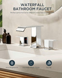 FORIOUS Matte Black Waterfall Bathroom Faucets 3 Hole, 8 Inch Widespread 2 Handles Bathroom Sink Faucet with Pop-up Drain and Flexible Hot and Cold Water Hoses, Suitable for Vanity RV Restroom