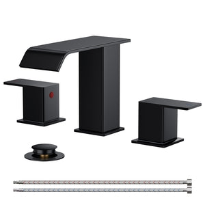 FORIOUS Matte Black Waterfall Bathroom Faucets 3 Hole, 8 Inch Widespread 2 Handles Bathroom Sink Faucet with Pop-up Drain and Flexible Hot and Cold Water Hoses, Suitable for Vanity RV Restroom