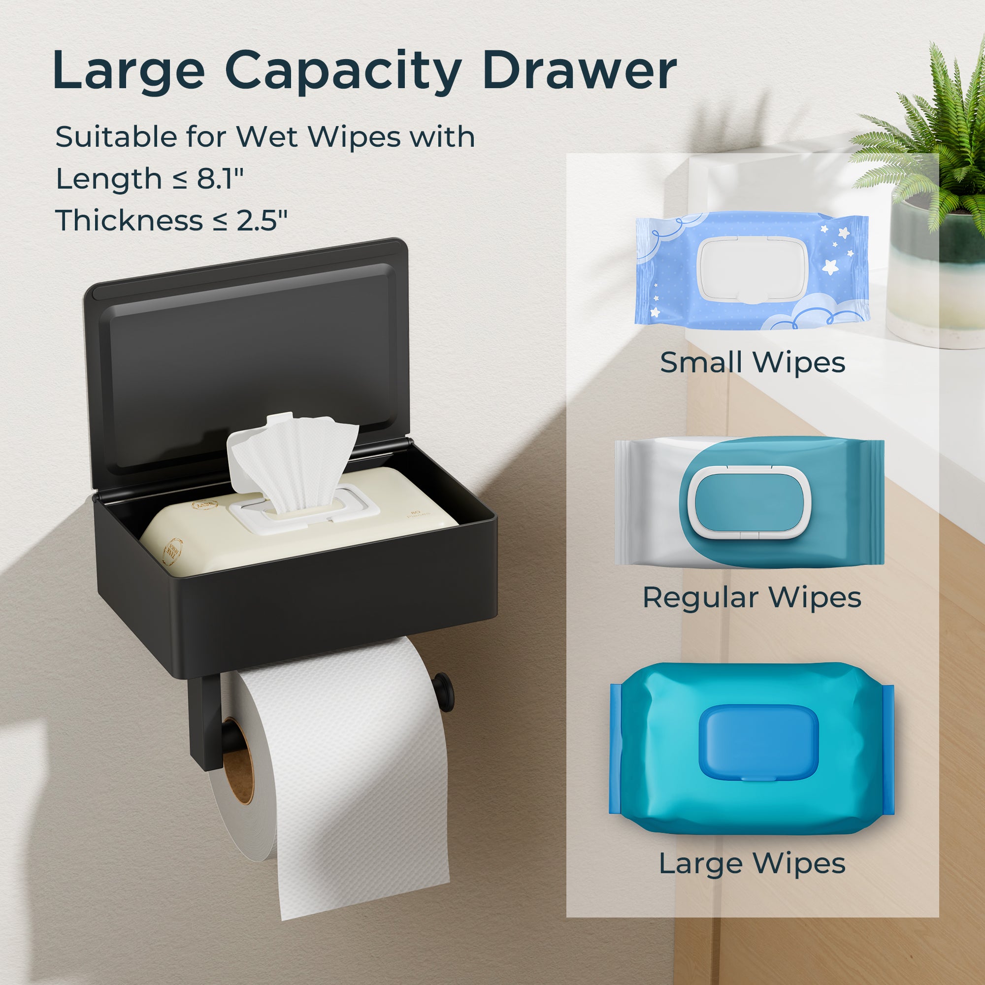 FORIOUS Toilet Paper Holder with Shelf, Wall-Mounted Modern Wipes Dispenser | Matte Black | Toilet Paper Holder with Storage for Bathroom | Fits Wipes, Sanitary Napkins, Tampons | 8.0"x5.3" Large Shelf