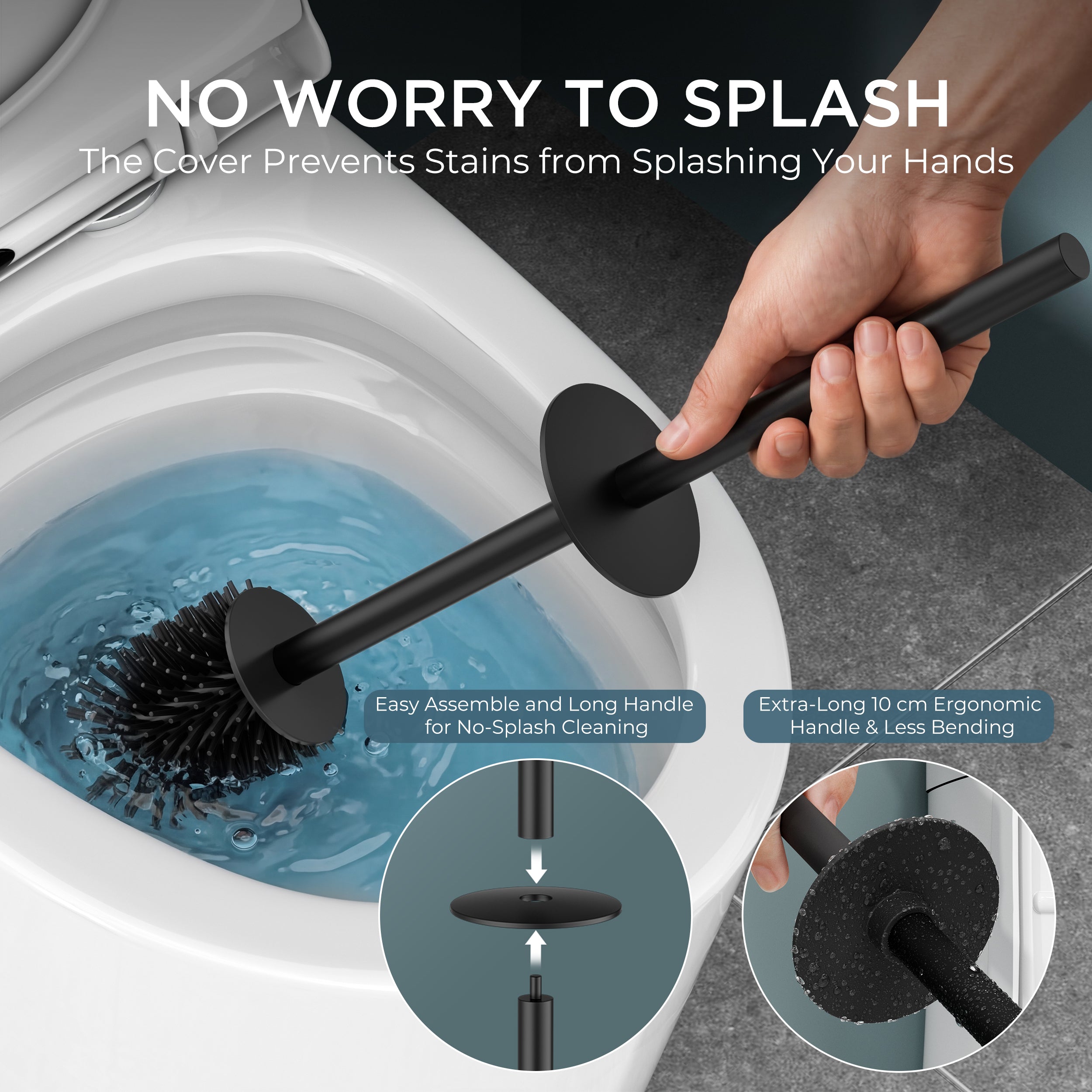 FORIOUS Stainless Steel Toilet Bowl Brush Scrubber and Holder Set Medium Black, Extended Handle, Removable Inner Bowl, Stable Splash Guard, Steel Joint, Scratch‑Resistant Bristles, for Bathroom RV