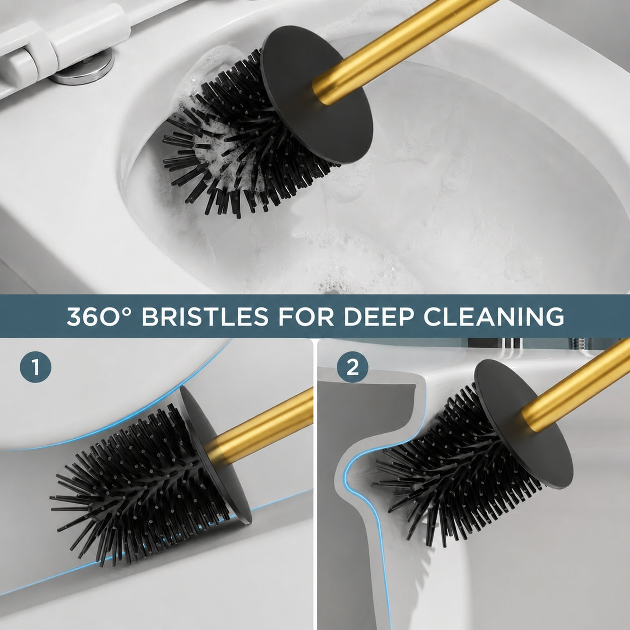FORIOUS SUS304 Toilet Brush, Toilet Bowl Cleaner Brush and Holder Set Short | Gold, Extended Handle, Removable Inner Bowl, Stable Splash Guard, Steel Joint, Scratch‑Resistant Bristles, for Bathroom RV