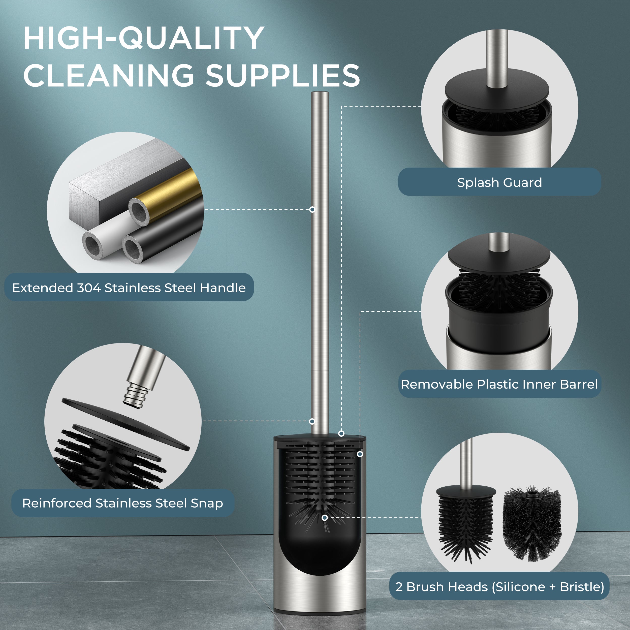FORIOUS SUS304 Toilet Brush, Toilet Bowl Cleaner Brush and Holder Set Short | Gold, Extended Handle, Removable Inner Bowl, Stable Splash Guard, Steel Joint, Scratch‑Resistant Bristles, for Bathroom RV