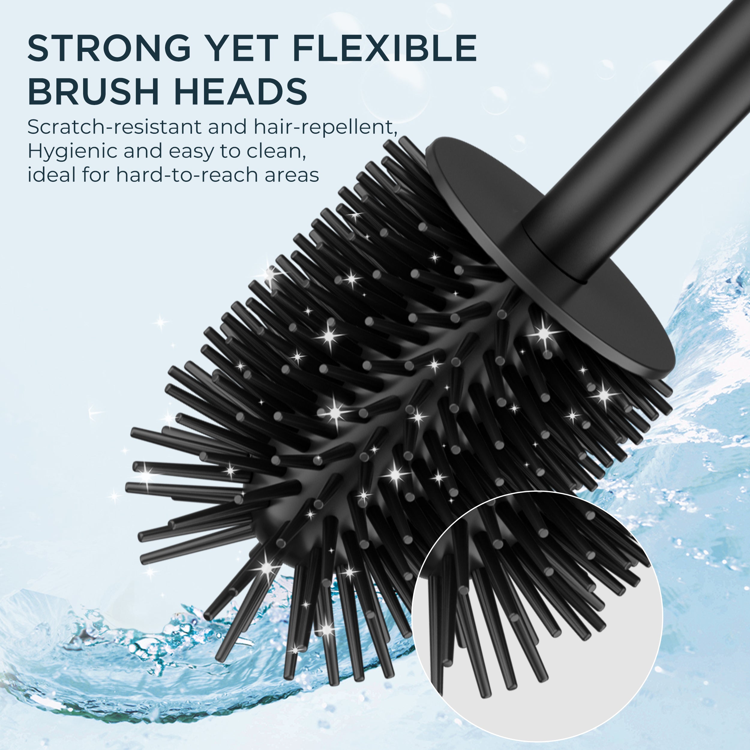 FORIOUS Stainless Steel Toilet Bowl Brush Scrubber and Holder Set Medium Black, Extended Handle, Removable Inner Bowl, Stable Splash Guard, Steel Joint, Scratch‑Resistant Bristles, for Bathroom RV