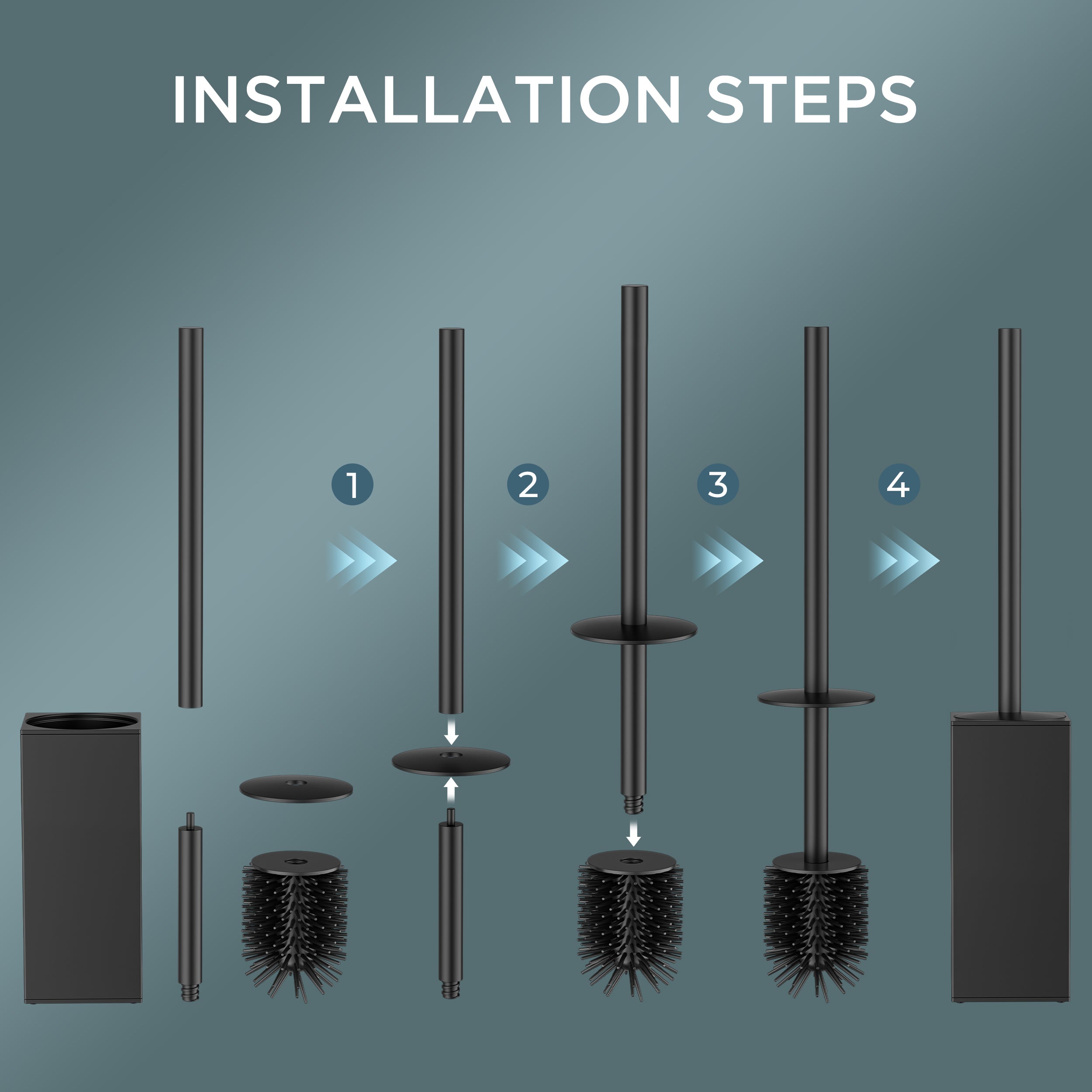 FORIOUS Stainless Steel Toilet Bowl Brush Scrubber and Holder Set Medium Black, Extended Handle, Removable Inner Bowl, Stable Splash Guard, Steel Joint, Scratch‑Resistant Bristles, for Bathroom RV